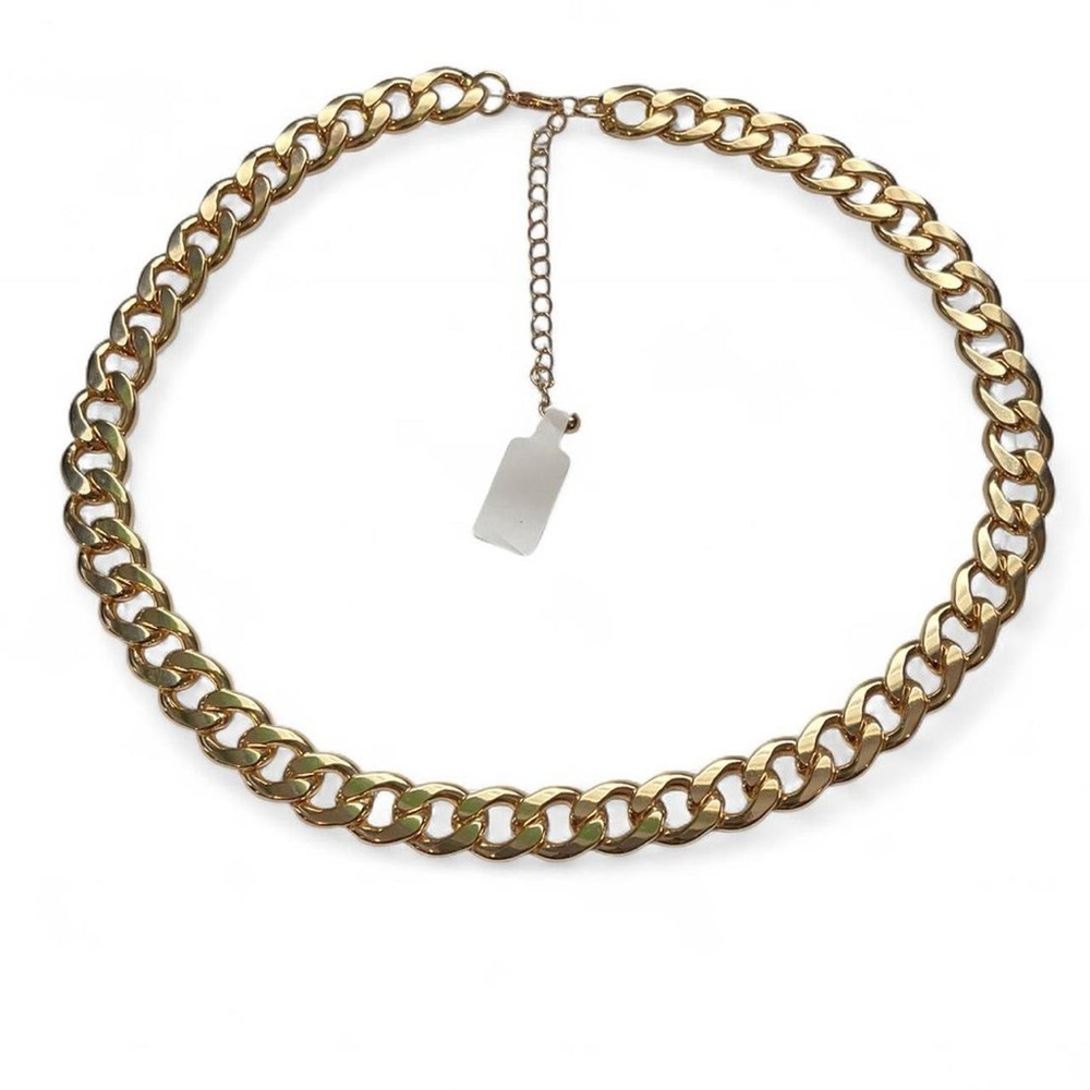 Gold Tone Flat Cuban Link Chain Necklace - Picture 1 of 3
